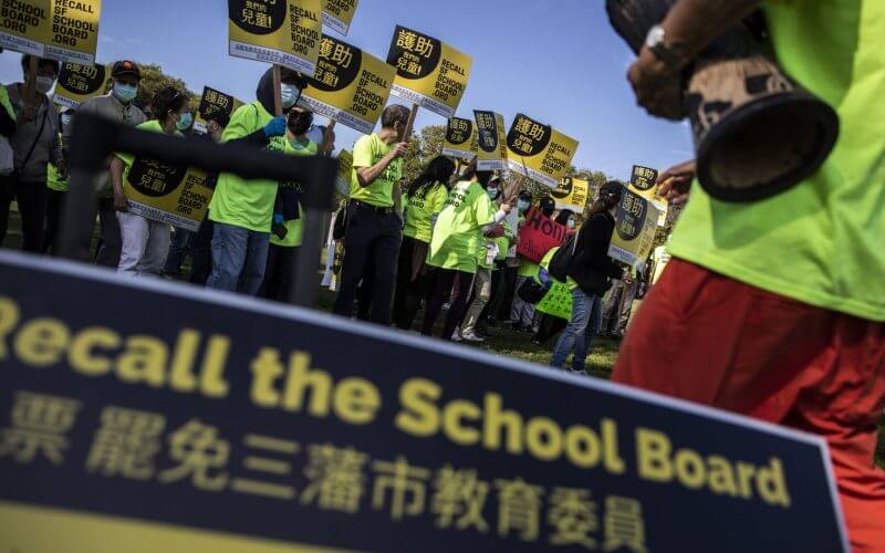 Supporters of the San Francisco school board recall gather at a rally on Feb. 12. Photo: Stephen Lam/The San Francisco Chronicle via Getty Images