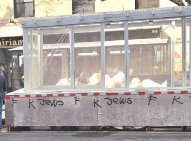Antisemitic graffiti daubed outside Miriam, an Israeli-owned restaurant on New York City’s Upper West Side. Photo: The Algemeiner.