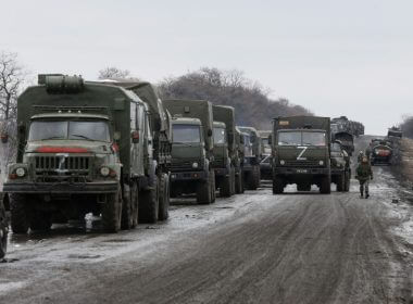 A view shows a military convoy of armed forces of the separatist self-proclaimed Luhansk People's Republic (LNR) on a road in the Luhansk region, Ukraine February 27, 2022. (photo credit: REUTERS/ALEXANDER ERMOCHENKO)