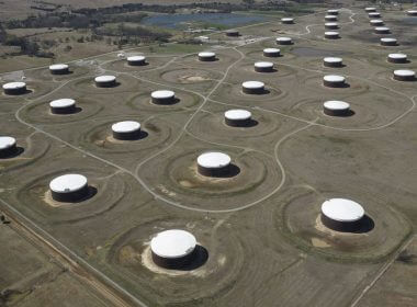 Crude oil storage tanks are seen from above at the Cushing oil hub, in Cushing, Oklahoma, March 24, 2016. REUTERS/Nick Oxford