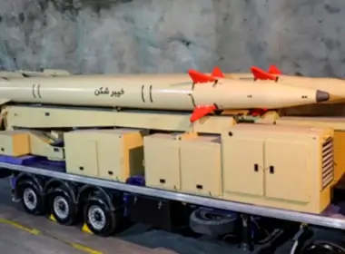 The surface-to-surface "Khaibar-buster" missile is displayed in an undisclosed location in Iran in an image released on February 9.