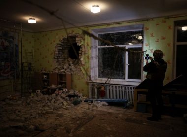 An interior view shows a kindergarten, which according to Ukraine's military officials was damaged by shelling, in Stanytsia Luhanska, in the Luhansk region, Ukraine, February 17, 2022. REUTERS/Carlos Barria