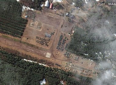 A satellite image shows an overview of a new deployment at V D Bolshoy Bokov airfield, near Mazyr, Belarus, February 22, 2022. Courtesy of Satellite image ©2022 Maxar Technologies/Handout via REUTERS