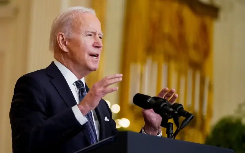 U.S. President Joe Biden speaks about the situation in Russia and Ukraine from the White House in Washington, U.S., February 15, 2022. REUTERS/Kevin Lamarque