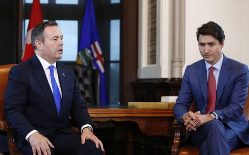 Alberta Premier Jason Kenney speaks while Canadian Prime Minister Justin Trudeau listens on Parliament Hill in Ottawa, Ontario, Canada, on Thursday, May 2, 2019. (David Kawai/Bloomberg)