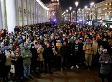 People attend an anti-war protest, after Russian President Vladimir Putin authorized a military operation in Ukraine, in Saint Petersburg, Russia, February 24, 2022. REUTERS/Anton Vaganov