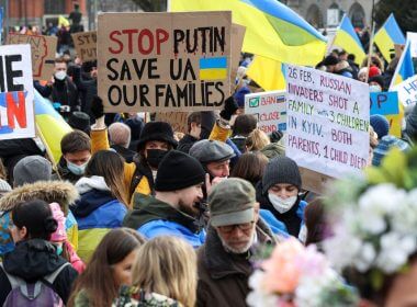 Demonstrators gather during an anti-war protest, after Russia launched a massive military operation against Ukraine, in Berlin, Germany, February 27, 2022. REUTERS/Christian Mang
