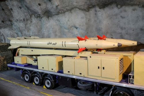 New Iranian "Kheibarshekan" missiles are seen in an undisclosed location in Iran, in this picture obtained on February 9, 2022. IRGC/WANA