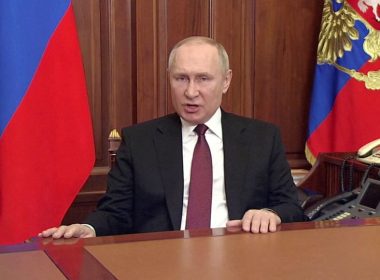 Russian President Vladimir Putin speaks about authorising a special military operation in Ukraine's Donbass region during a special televised address on Russian state TV, in Moscow, Russia, February 24, 2022, in this still image taken from video. Russian Pool/via REUTERS TV TPX IMAGES OF THE DAY