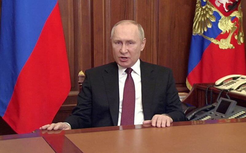Russian President Vladimir Putin speaks about authorising a special military operation in Ukraine's Donbass region during a special televised address on Russian state TV, in Moscow, Russia, February 24, 2022, in this still image taken from video. Russian Pool/via REUTERS TV TPX IMAGES OF THE DAY