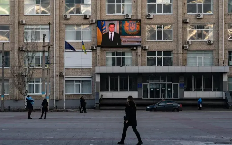 Ukrainian President Volodymyr Zelensky addresses the nation in a recorded message on Feb. 20. (Salwan Georges/The Washington Post)