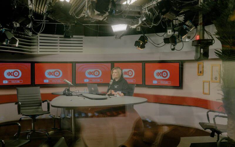 A live broadcast in the studio of “Echo of Moscow” after the announcement that the station would shutter on Thursday.Credit...The New York Times