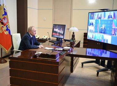Russian President Vladimir Putin chairs a Security Council meeting via videoconference at the Novo-Ogaryovo residence outside Moscow, Russia, Thursday, March 3, 2022. (Andrei Gorshkov, Sputnik, Kremlin Pool Photo via AP)