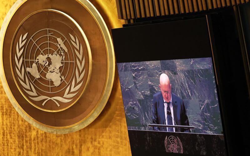 Vasily Nebenzya, Permanent Representative of Russia to the United Nations, speaks during a special session of the General Assembly at the UN headquarters on Feb. 28 in New York City. Photo: Michael M. Santiago via Getty Images