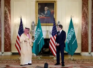 US Secretary of State Antony Blinken and Saudi Arabia's Foreign Minister Faisal bin Farhan Al-Saud deliver remarks to reporters before meeting at the State Department in Washington, US, October 14, 2021 (photo credit: REUTERS/JONATHAN ERNST)