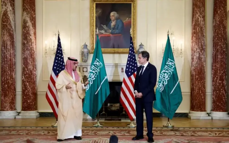 US Secretary of State Antony Blinken and Saudi Arabia's Foreign Minister Faisal bin Farhan Al-Saud deliver remarks to reporters before meeting at the State Department in Washington, US, October 14, 2021 (photo credit: REUTERS/JONATHAN ERNST)