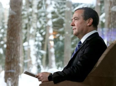 Deputy Chairman of Russia's Security Council Dmitry Medvedev gives an interview at the Gorki state residence outside Moscow, Russia January 25, 2022. Picture taken January 25, 2022. Sputnik/Yulia Zyryanova/Pool via REUTERS