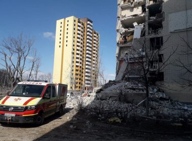 A residential building damaged by shelling is seen, as Russia's attack on Ukraine continues, in Chernihiv, Ukraine, in this handout picture released March 17, 2022. Press service of the State Emergency Service of Ukraine/Handout via REUTERS