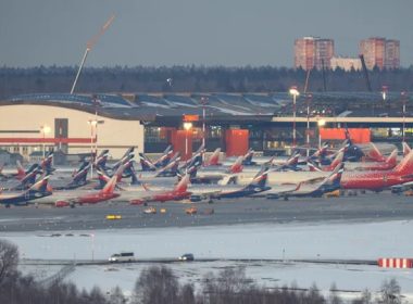 Passenger planes owned by Russia's airlines, including Aeroflot and Rossiya, are parked at Sheremetyevo International Airport in Moscow on March 1. (Marina Lystseva/Reuters)