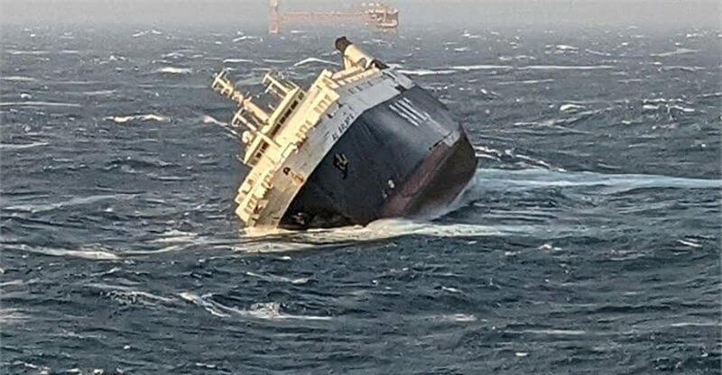 An Emirati ship is seen sinking 30 miles from Assaluyeh in the Persian Gulf, Iran, March 17, 2022. Iran Ports organization/WANA (West Asia News Agency)/Handout via REUTERS
