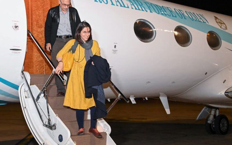 British-Iranian aid worker Nazanin Zaghari-Ratcliffe and dual national Anoosheh Ashoori arrive in Muscat, Oman, March 16, 2022. Oman News Agency/Handout via REUTERS