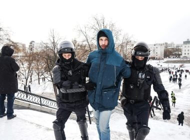 A person is detained during an anti-war protest, following Russia's invasion of Ukraine, in Yekaterinburg, Russia March 6, 2022. Handout via REUTERS THIS IMAGE HAS BEEN SUPPLIED BY A THIRD PARTY. NO RESALES. NO ARCHIVES