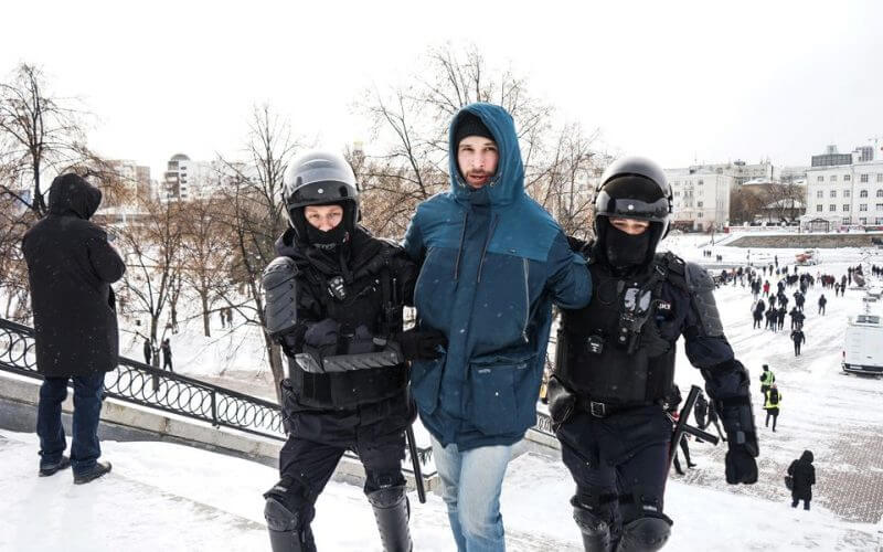 A person is detained during an anti-war protest, following Russia's invasion of Ukraine, in Yekaterinburg, Russia March 6, 2022. Handout via REUTERS THIS IMAGE HAS BEEN SUPPLIED BY A THIRD PARTY. NO RESALES. NO ARCHIVES