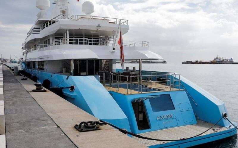 The Axioma superyacht belonging to Russian oligarch Dmitrievich Pumpyansky who is on the EU's list of sanctioned Russians is seen docked at a port, amid Russia's invasion of Ukraine, in Gibraltar, March 21, 2022. REUTERS/Jon Nazca
