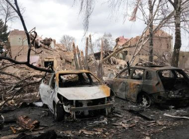 Gutted cars following a night air raid in the village of Bushiv, 40 kilometers west of Kyiv, Ukraine, Friday, March 4, 2022. (AP Photo/Efrem Lukatsky) (AP Photo/Efrem Lukatsky)