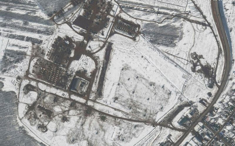 A satellite image shows an overview of a helicopter deployment, a battle group, and troops, in Valuyki, Russia February 20, 2022. Maxar Technologies/Handout via REUTERS/File Photo
