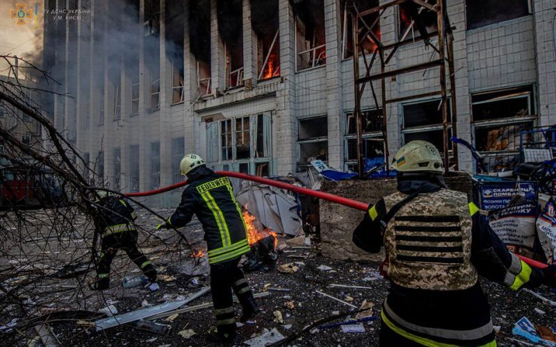 Rescuers work at a site of an industrial building damaged by an airstrike, as Russia's attack on Ukraine continues, in Kyiv, Ukraine, in this handout picture released March 22, 2022. Press service of the State Emergency Service of Ukraine/Handout via REUTERS