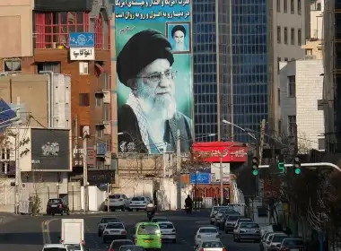 March 08, 2020: A huge mural of Ayatollah Seyyed Ali Khamenei Iran's Supreme Leader painted next to a smaller one of Ayatollah Ruhollah Khomeini (R) seen on Motahari street in Tehran, Iran. (Photo by Kaveh Kazemi/Getty Images)