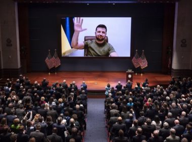 Ukraine's President Volodymyr Zelenskiy speaks during a remote address to a joint session of U.S. Congress at the U.S. Capitol Visitor Center Congressional Auditorium in Washington, D.C., on March 16. During his address, Zelensky appealed for more U.S. aid to expel Russian forces from Ukraine. File Photo by J. Scott Applewhite/UPI/Pool