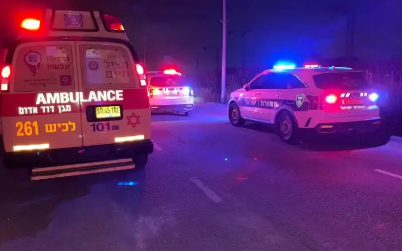 Emergency vehicles at the scene of a stabbing in Ashkelon on Tuesday, April 12, 2022. (photo credit: MDA SPOKESPERSON)
