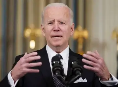 U.S. President Joe Biden responds to a question about Ukraine during an event to announce his budget proposal for fiscal year 2023, in the State Dining Room at the White House in Washington, U.S., March 28, 2022. REUTERS/Kevin Lamarque/File Photo