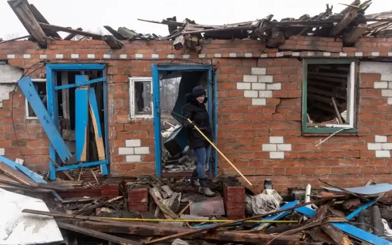 A Ukrainian mayor said officials have found traces of chemical weapons after Russian troops withdrew from the Sumy region in the north. Above, residents work to clear debris from destroyed houses on March 30 in the Sumy region. CHRIS MCGRATH/GETTY IMAGES