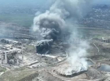 An image from drone video made available by municipal officials in Mariupol shows smoke rising from the Azovstal steel plant during Russian airstrikes in the southern port city on Monday. Much of the Ukrainian resistance is stationed inside the plant. Image courtesy of Mariupol City Council/EPA-EFE