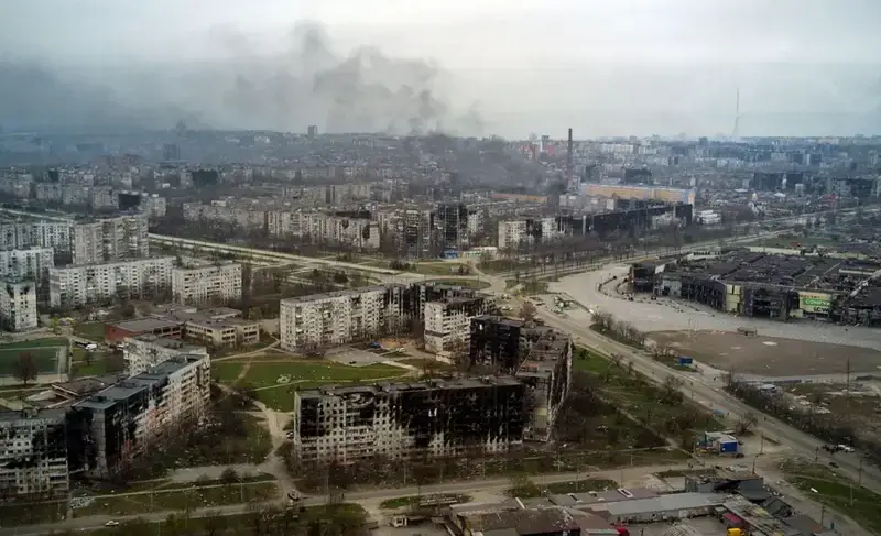 An aerial view taken on April 12, 2022, shows the city of Mariupol as Russian forces intensified their invasion in eastern Ukraine. ANDREY BORODULIN/AFP via Getty Images