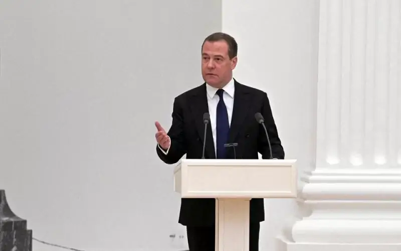 Deputy Chairman of Russia's Security Council Dmitry Medvedev delivers a speech during a meeting with members of the Security Council in Moscow, Russia February 21, 2022. Sputnik/Alexey Nikolsky/Kremlin via REUTERS