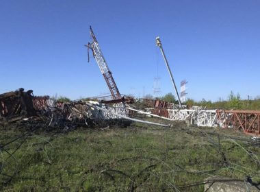 In this photograph released by the Press Center of the Ministry of Internal Affairs of the Pridnestrovian Moldavian Republic, destroyed radio antennas lie on the ground in Maiac, in the Moldovan separatist region of Trans-Dniester, Tuesday, April 26, 2022. Police in the Moldovan separatist region of Trans-Dniester say two explosions on Tuesday morning in a radio facility close to the Ukrainian border knocked two powerful antennas out of service just a day after several explosions believed to be caused by rocket-propelled grenades were reported to have hit the Ministry of State Security in the city of Tiraspol, the region's capital (Press Center of the Ministry of Internal Affairs of the Pridnestrovian Moldavian Republic via AP, HO)
