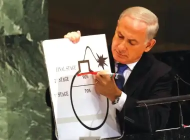 ADRESSING THE UN General Assembly in 2012, then-prime minister Benjamin Netanyahu draws a red line on an illustration depicting Iran’s ability to create a nuclear weapon. (photo credit: KEITH BEDFORD/REUTERS)