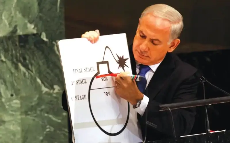 ADRESSING THE UN General Assembly in 2012, then-prime minister Benjamin Netanyahu draws a red line on an illustration depicting Iran’s ability to create a nuclear weapon. (photo credit: KEITH BEDFORD/REUTERS)