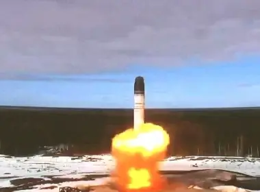 The Sarmat intercontinental ballistic missile is launched during a test at Plesetsk cosmodrome in Arkhangelsk region, Russia, in this still image taken from a video released on April 20, 2022. Russian Defence Ministry/via REUTERS