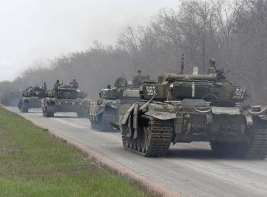 Tanks of pro-Russian troops drive along a road during Ukraine-Russia conflict near the southern port city of Mariupol, Ukraine April 17, 2022. REUTERS/Alexander Ermochenko