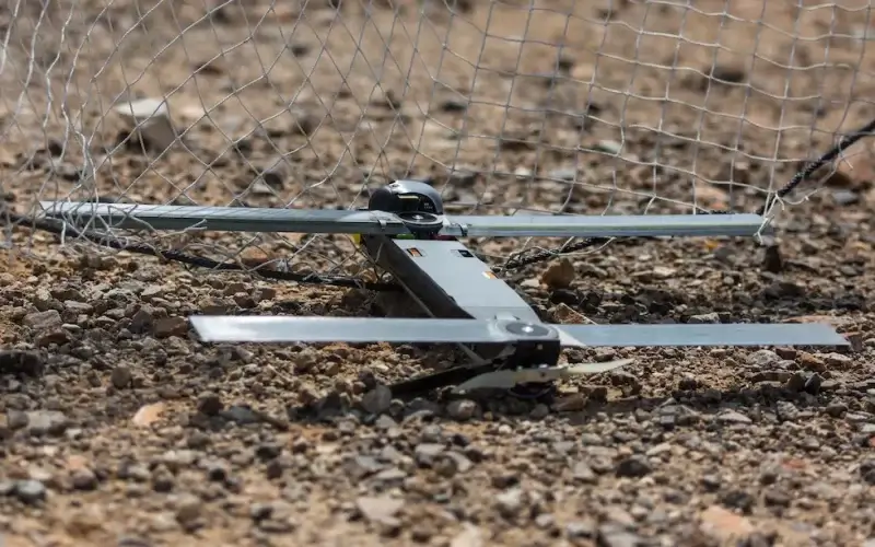 This image provided by the U.S. Marine Corps, shows a Switchblade 300 10C drone system that was being used as part of a training exercise at Marine Corps Air Ground Combat Center Twentynine Palms, Calif., on Sept. 24, 2021. (Cpl. Alexis Moradian/U.S. Marine Corps via AP)