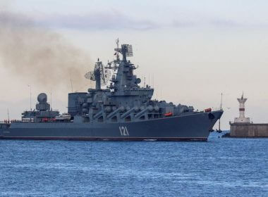 The Russian Navy's guided missile cruiser Moskva sails back into a harbour after tracking NATO warships in the Black Sea, in the port of Sevastopol, Crimea November 16, 2021. REUTERS/Alexey Pavlishak/File Photo