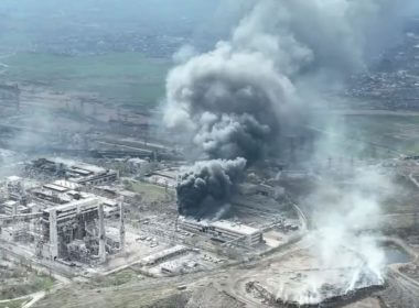 Smoke rises above Azovstal steelworks, in Mariupol, Ukraine, in this still image obtained from a recent drone video posted on social media. MARIUPOL CITY COUNCIL/via REUTERS