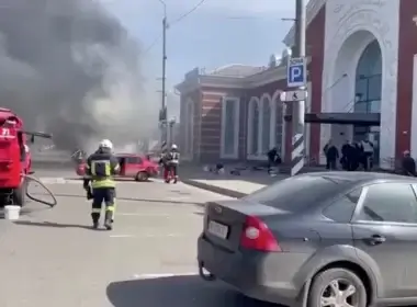 In this image from video published on Ukrainian President Volodymyr Zelensky’s Telegram channel, a smoke rises after Russian shelling at the railway station in Kramatorsk, Ukraine. Ukrainian President Volodymyr Zelenskyy's Telegram channel via AP