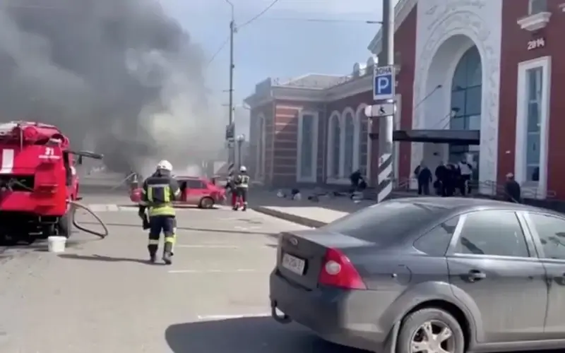 In this image from video published on Ukrainian President Volodymyr Zelensky’s Telegram channel, a smoke rises after Russian shelling at the railway station in Kramatorsk, Ukraine. Ukrainian President Volodymyr Zelenskyy's Telegram channel via AP