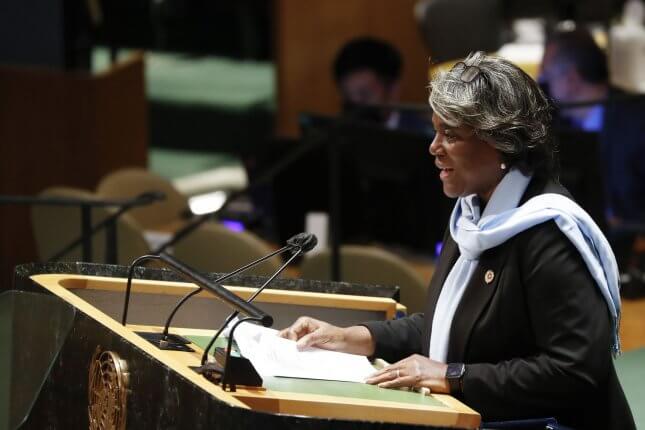 U.S. Ambassador to the United Nations Linda Thomas-Greenfield, seen at the Eleventh Emergency Special Session on the Ukraine Russia conflict on March 2, on Monday called for a vote to remove Russia from the U..N Human Rights Council. File Photo by John Angelillo/UPI | License Photo